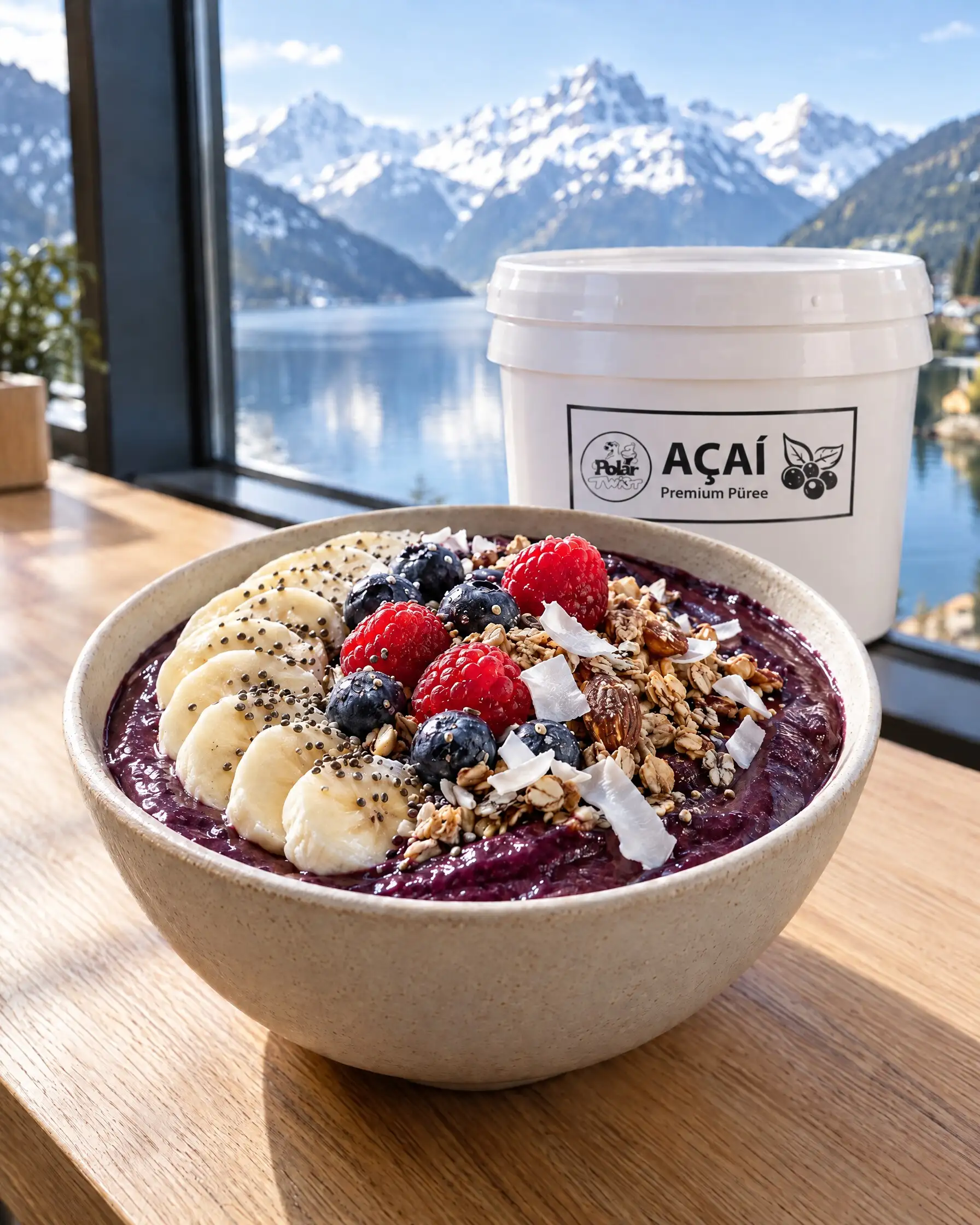 Bowl d’açaï avec banane, baies et granola sur le comptoir d’un café, derrière un seau de purée d’açaï Premium, avec un lac alpin suisse en arrière-plan