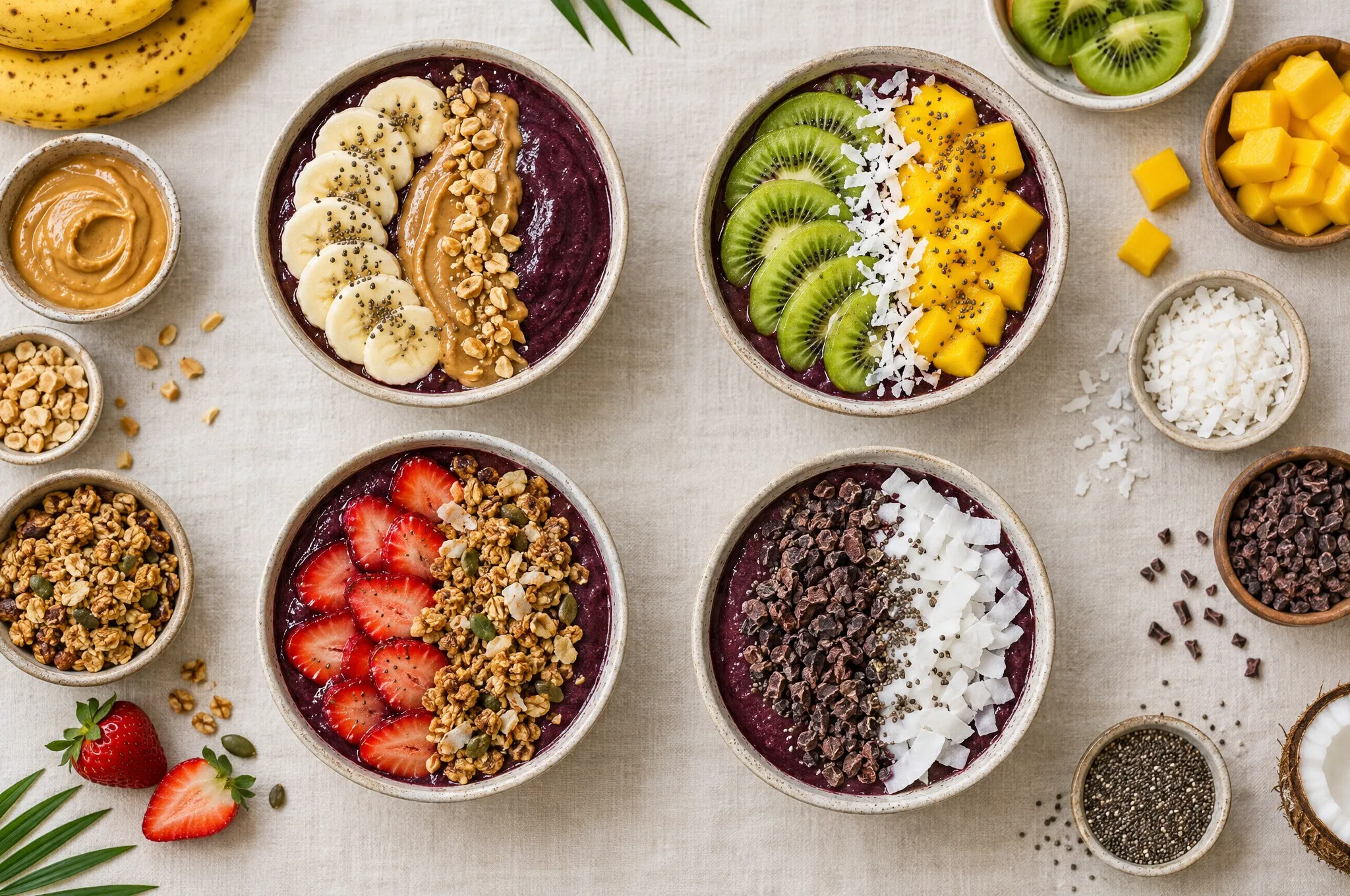 Vier Açaí-Bowls mit verschiedenen Toppings von oben fotografiert