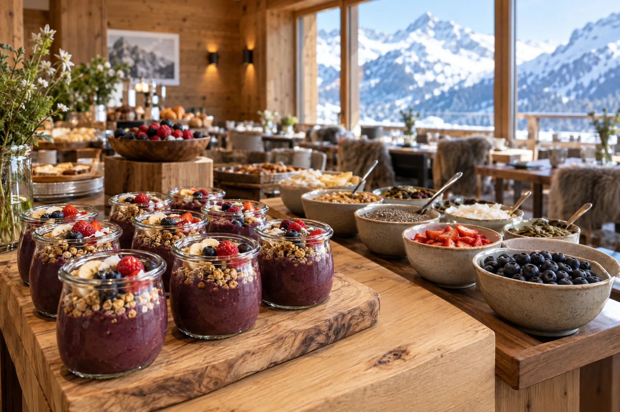 Bowls d’açaï en verrines au buffet du petit-déjeuner d’un hôtel de montagne suisse