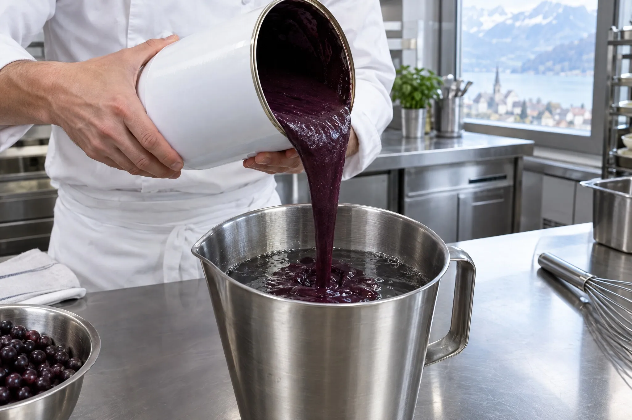 Purée d’açaï versée d’une boîte dans un bol mélangeur en inox