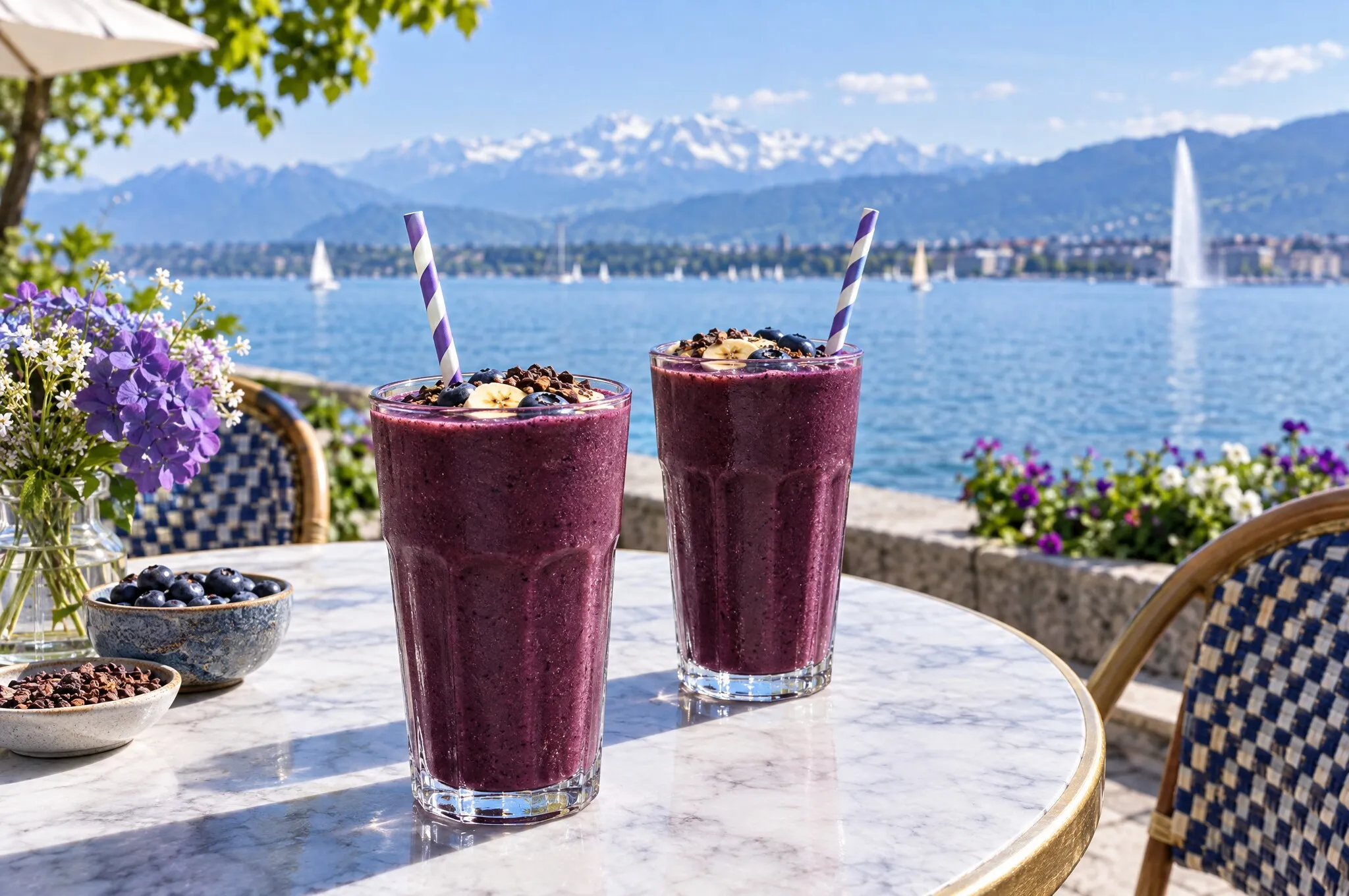 Deux smoothies à l’açaï sur une table en marbre au bord du Léman
