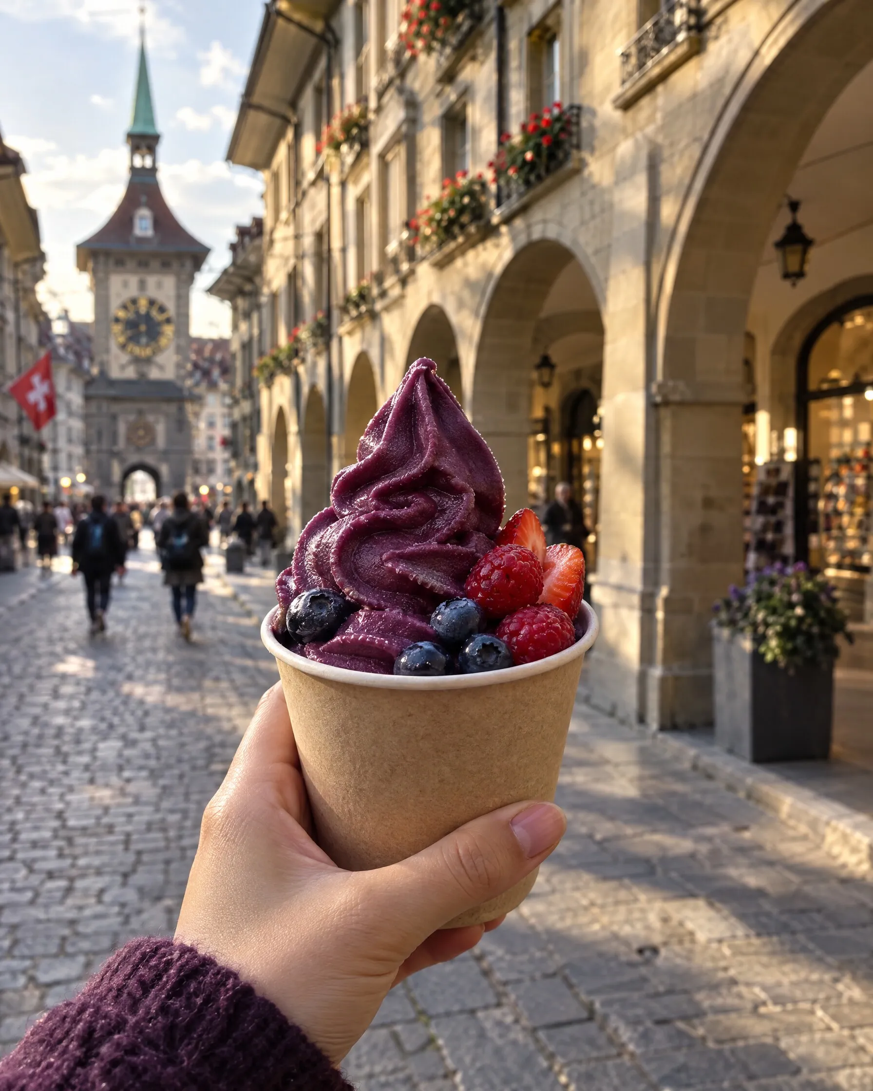 Becher mit violettem Açaí-Softeis und Beeren vor der Zytglogge in der Berner Altstadt