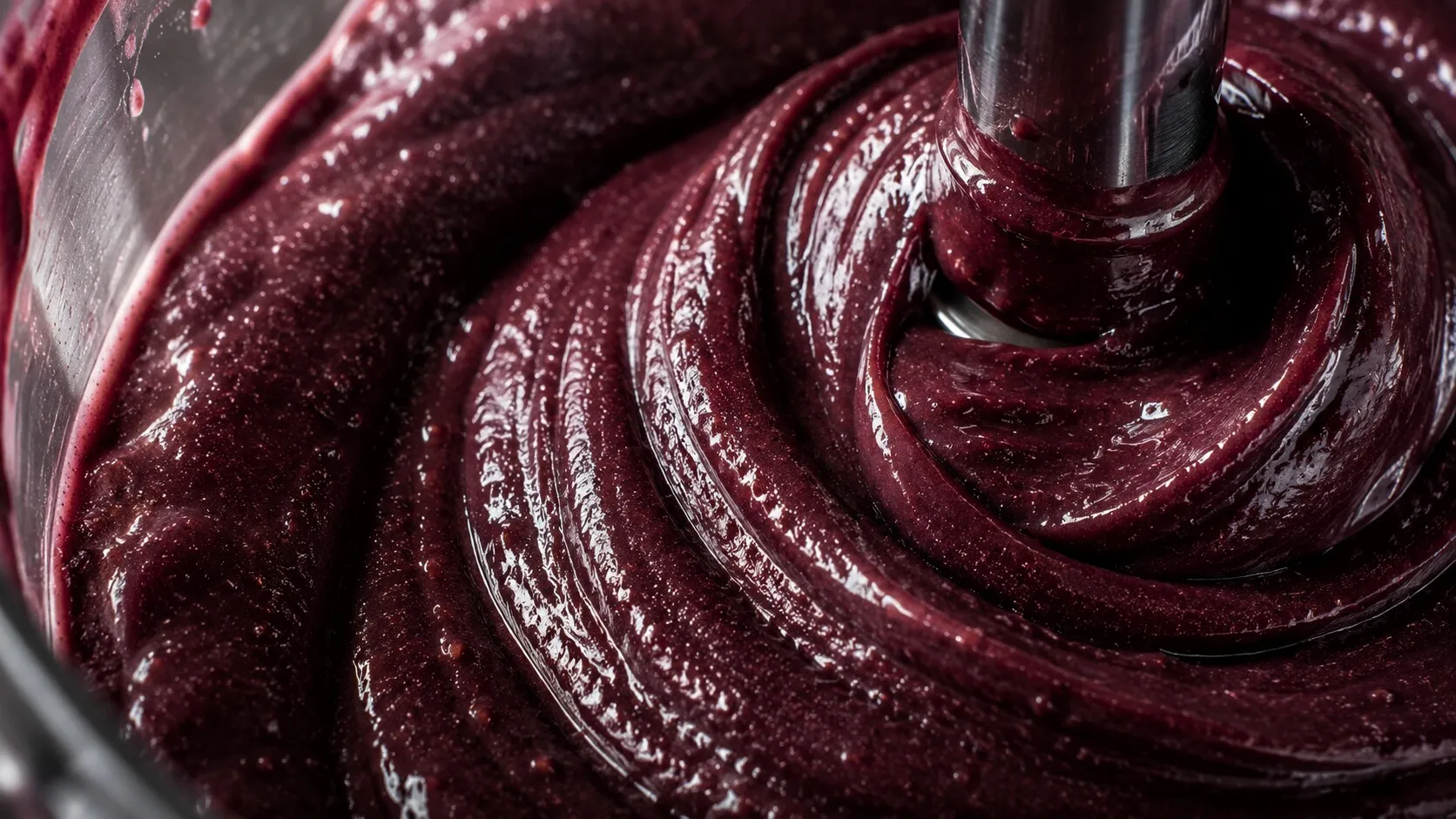 Cremige violette Açaí-Sorbet-Textur beim Mixen